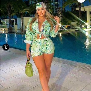 3 piece lounge vacation set , shirt shorts and bandana, omg Miami swimwear, NWT